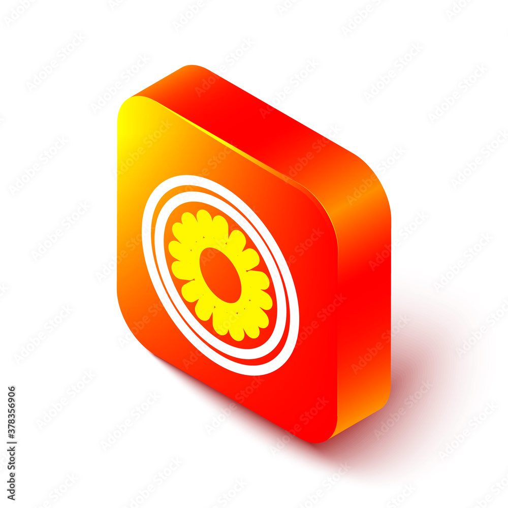 Isometric line Sun icon isolated on white background. Summer symbol. Good sunny day. Orange square b