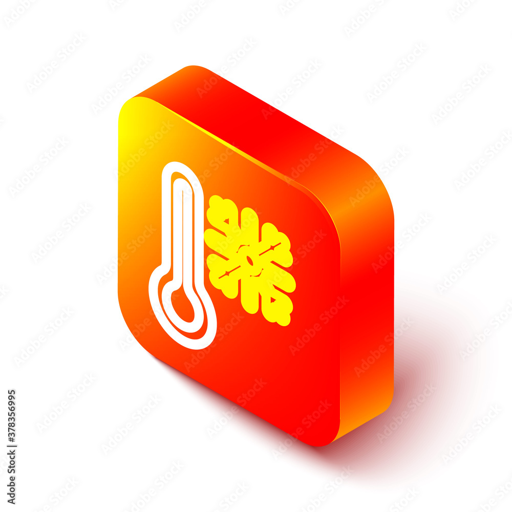 Isometric line Thermometer with snowflake icon isolated on white background. Orange square button. V