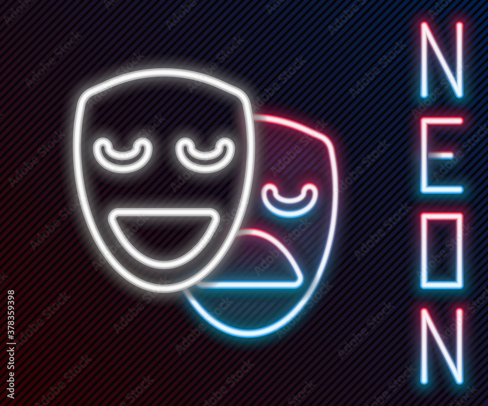 Glowing neon line Comedy and tragedy theatrical masks icon isolated on black background. Colorful ou