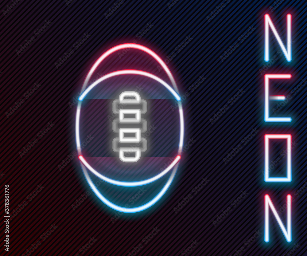 Glowing neon line American Football ball icon isolated on black background. Rugby ball icon. Team sp