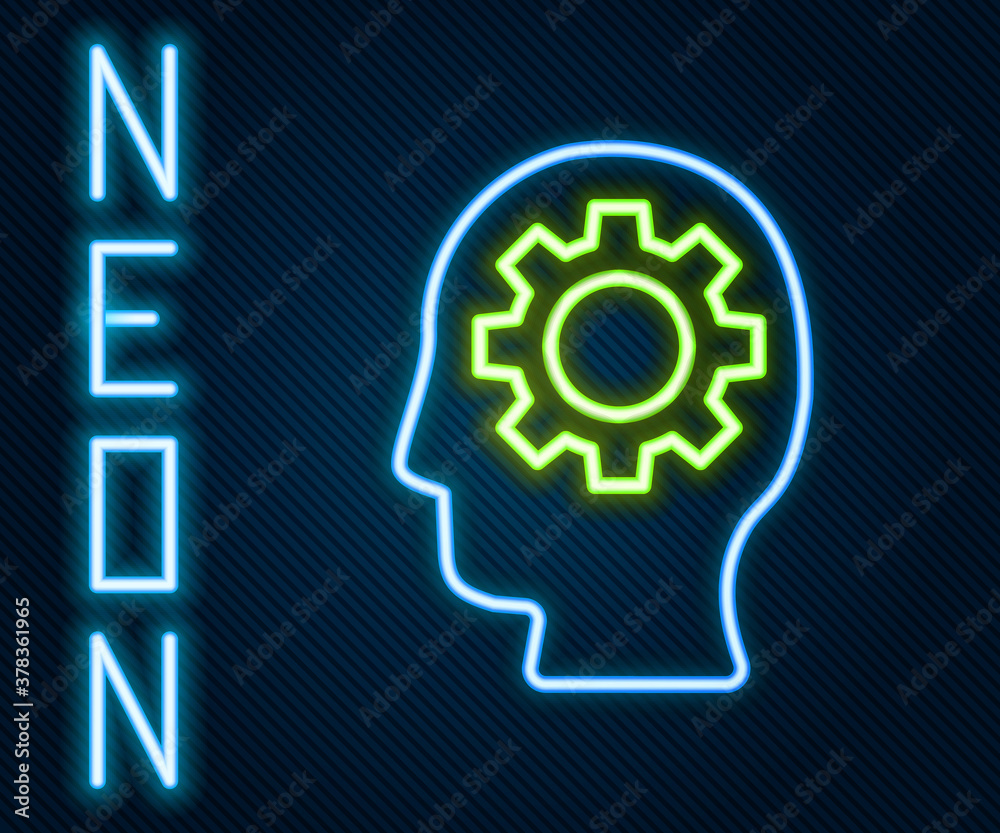 Glowing neon line Human head with gear inside icon isolated on black background. Artificial intellig