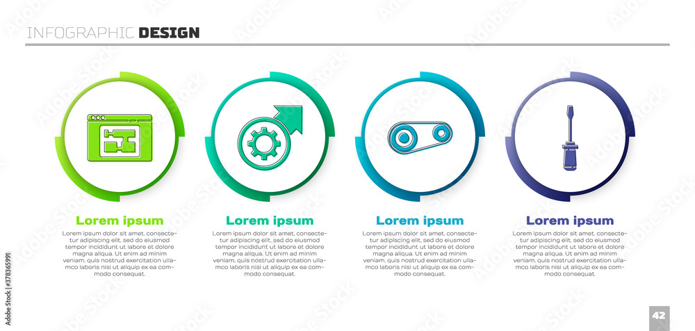 Set House plan, Gear and arrows as workflow process, Timing belt kit and Screwdriver. Business infog