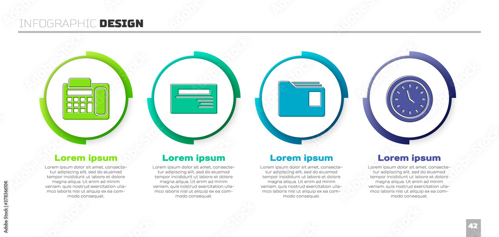 Set Telephone, Business card, Document folder and Clock. Business infographic template. Vector.