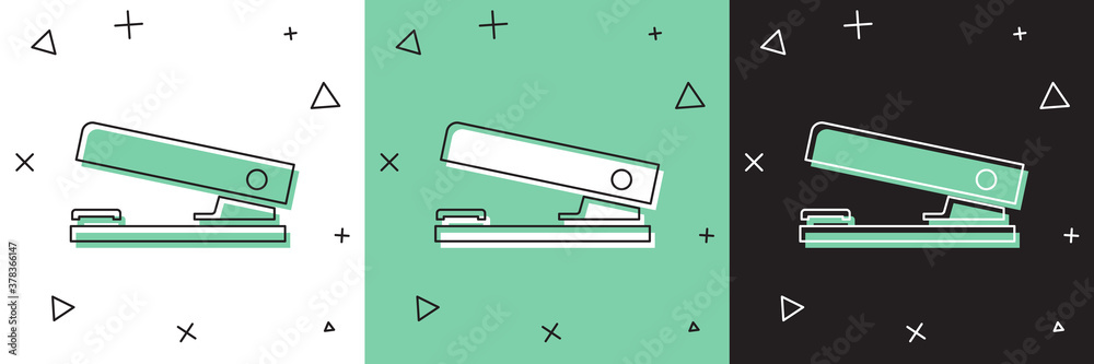 Set Office stapler icon isolated on white and green, black background. Stapler, staple, paper, cardb