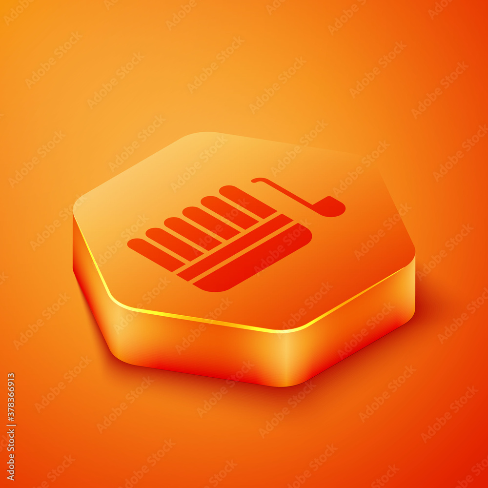 Isometric Sauna bucket and ladle icon isolated on orange background. Orange hexagon button. Vector I