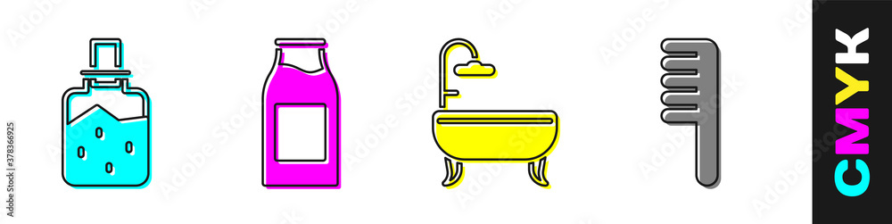 Set Spa salt, Bottle with milk, Bathtub and Hairbrush icon. Vector.