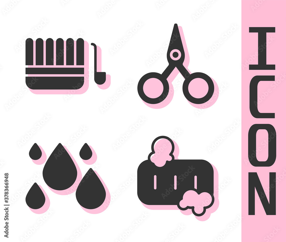 Set Bar of soap with foam, Sauna bucket and ladle, Water drop and Scissors icon. Vector.