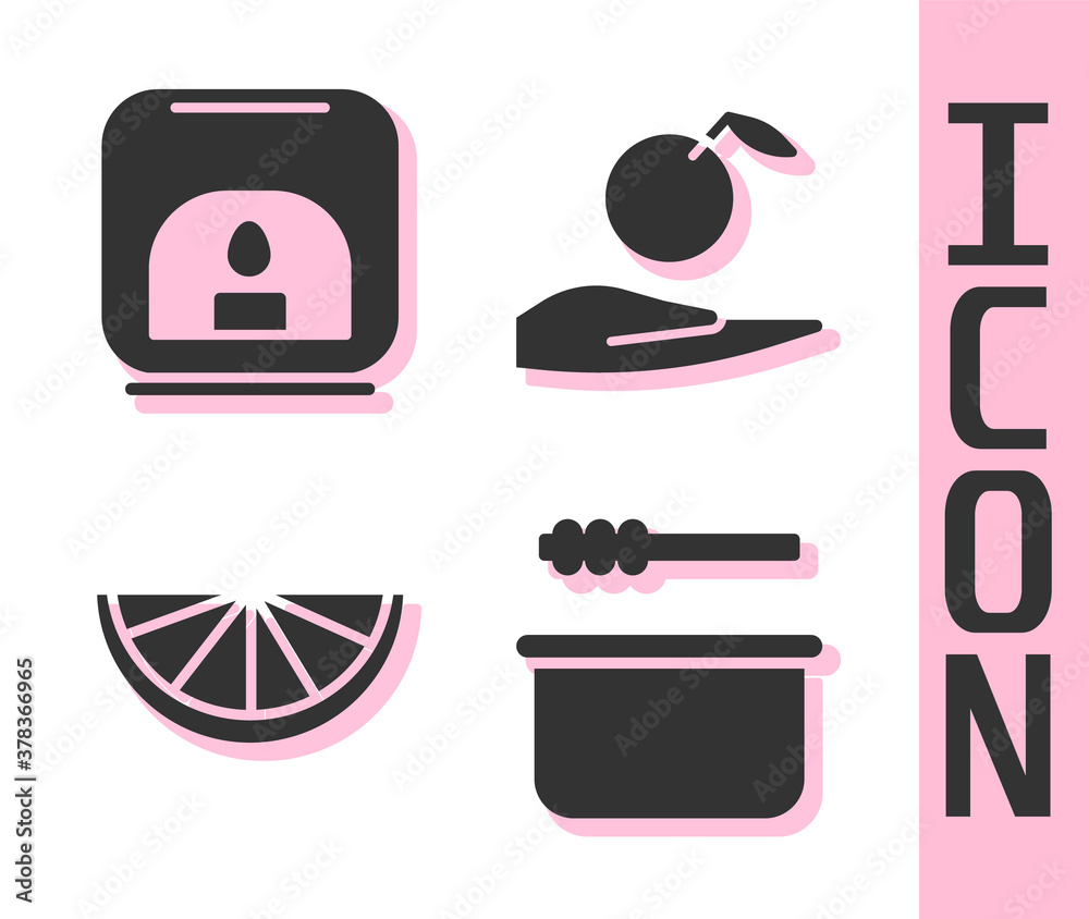 Set Sauna bucket and ladle, Aroma lamp, Citrus fruit and Apple in hand icon. Vector.