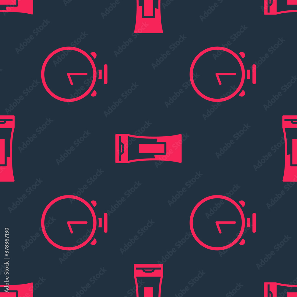 Set Stopwatch and Bottle of shampoo on seamless pattern. Vector.