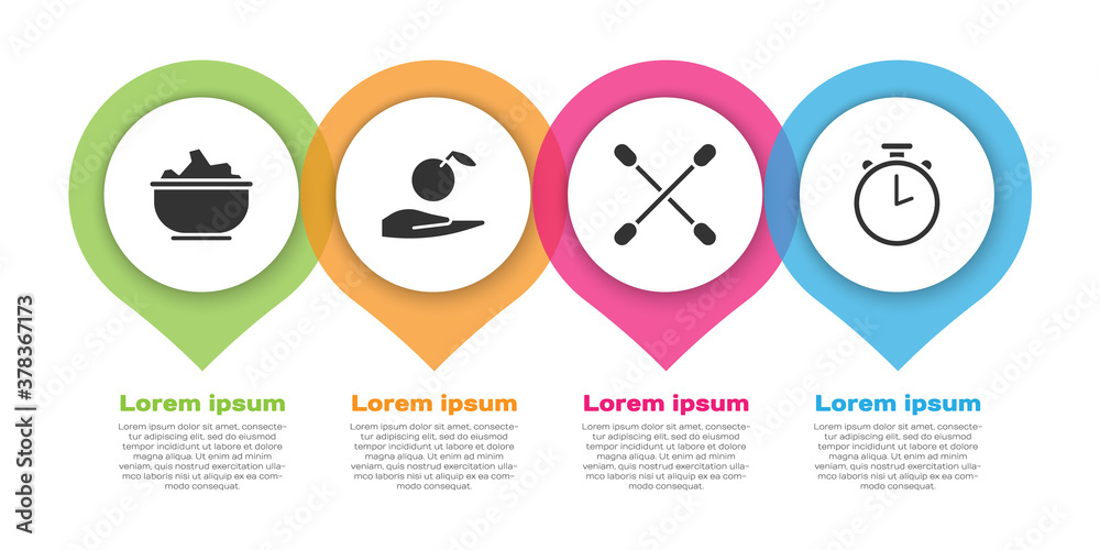 Set Sea salt in a bowl, Apple in hand, Cotton swab for ears and Stopwatch. Business infographic temp