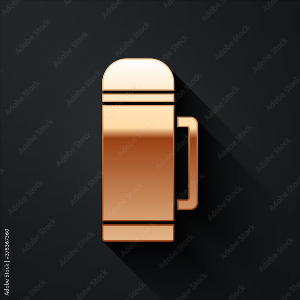 Gold Thermos container icon isolated on black background. Thermo flask icon. Camping and hiking equi