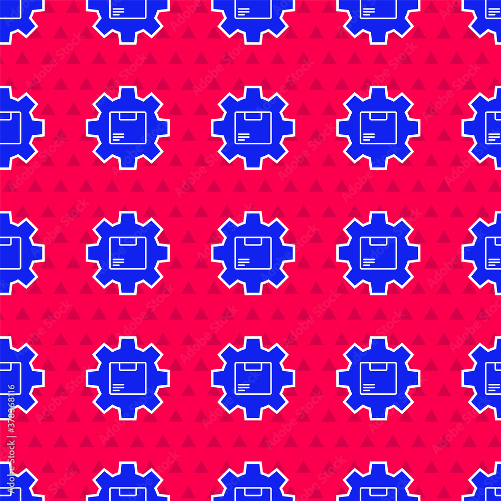 Blue Gear wheel with package box icon isolated seamless pattern on red background. Box, package, par