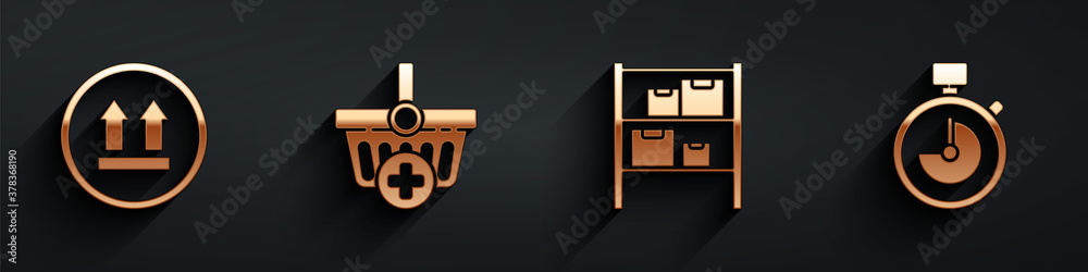 Set This side up, Add to Shopping basket, Warehouse and Stopwatch icon with long shadow. Vector.