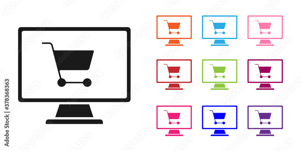 Black Shopping cart on screen computer icon isolated on white background. Concept e-commerce, e-busi