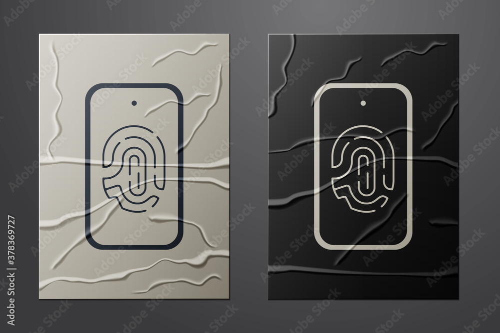 White Smartphone with fingerprint scanner icon isolated on crumpled paper background. Concept of sec