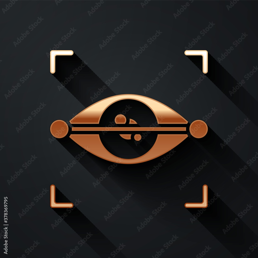 Gold Eye scan icon isolated on black background. Scanning eye. Security check symbol. Cyber eye sign