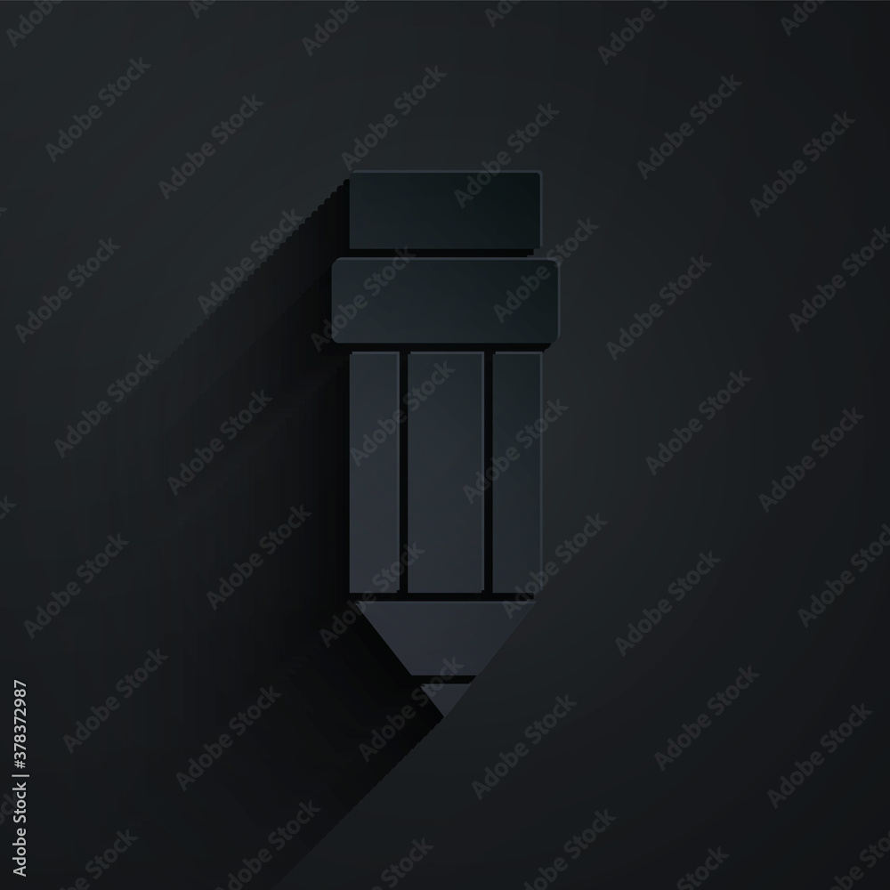 Paper cut Pencil with eraser icon isolated on black background. Drawing and educational tools. Schoo