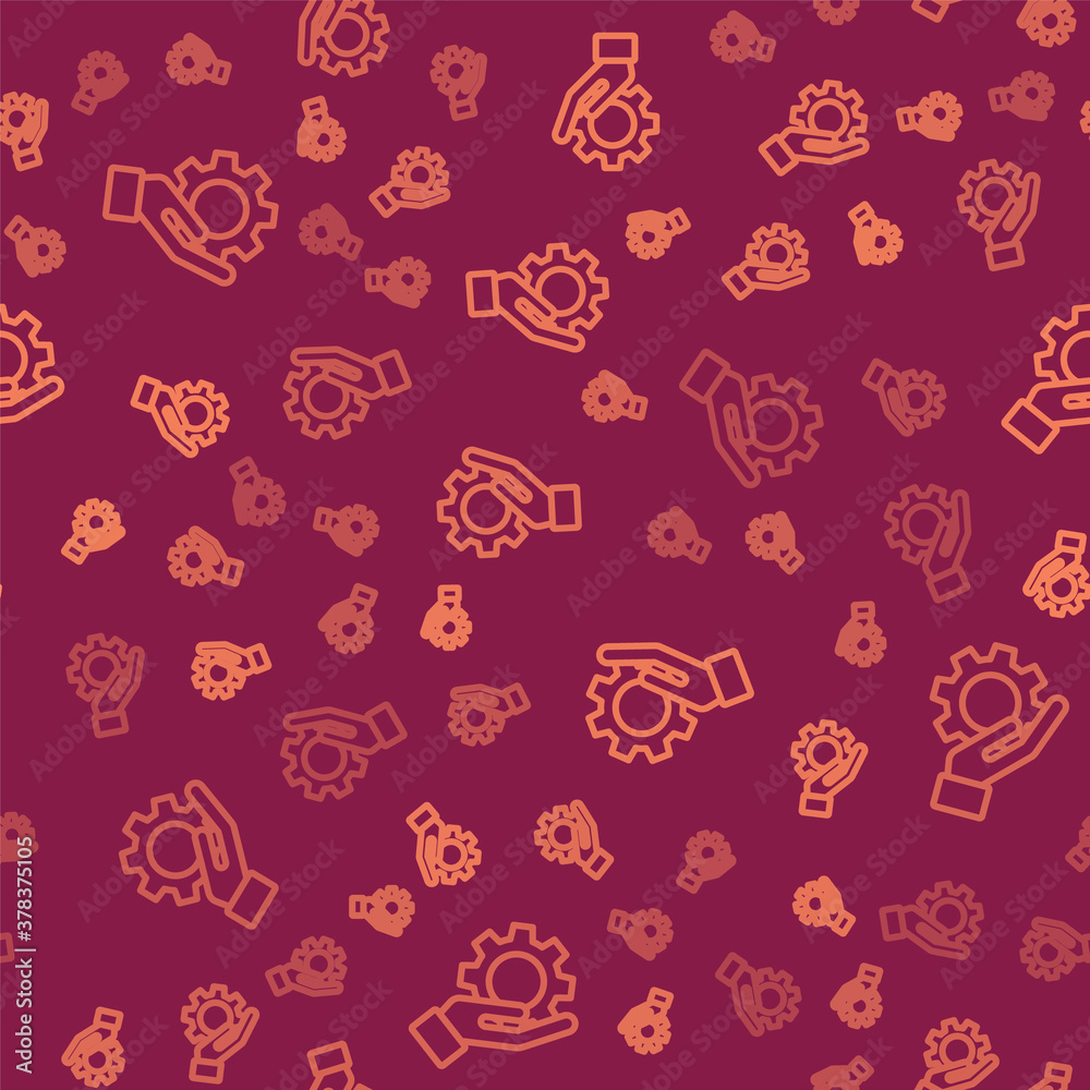 Brown line Settings in the hand icon isolated seamless pattern on red background. Vector Illustratio