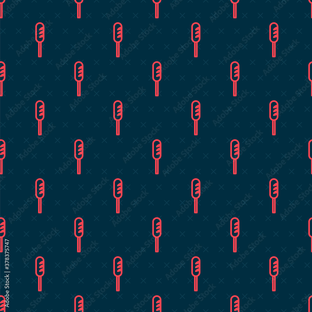 Red line Fried sausage icon isolated seamless pattern on black background. Grilled sausage and aroma