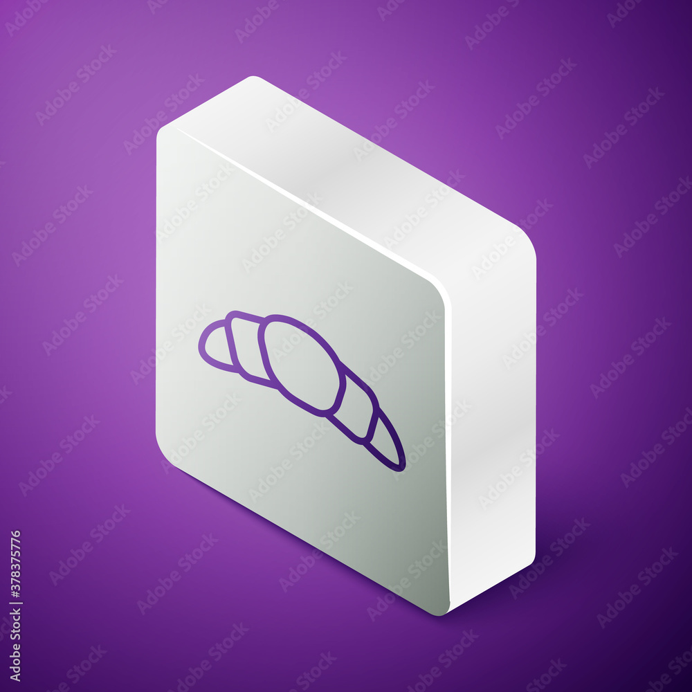 Isometric line Croissant icon isolated on purple background. Silver square button. Vector Illustrati