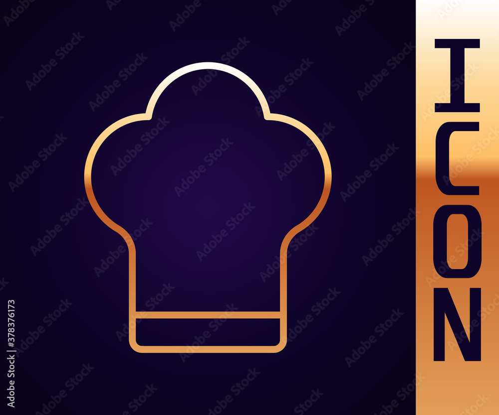 Gold line Chef hat icon isolated on black background. Cooking symbol. Cooks hat. Vector Illustration