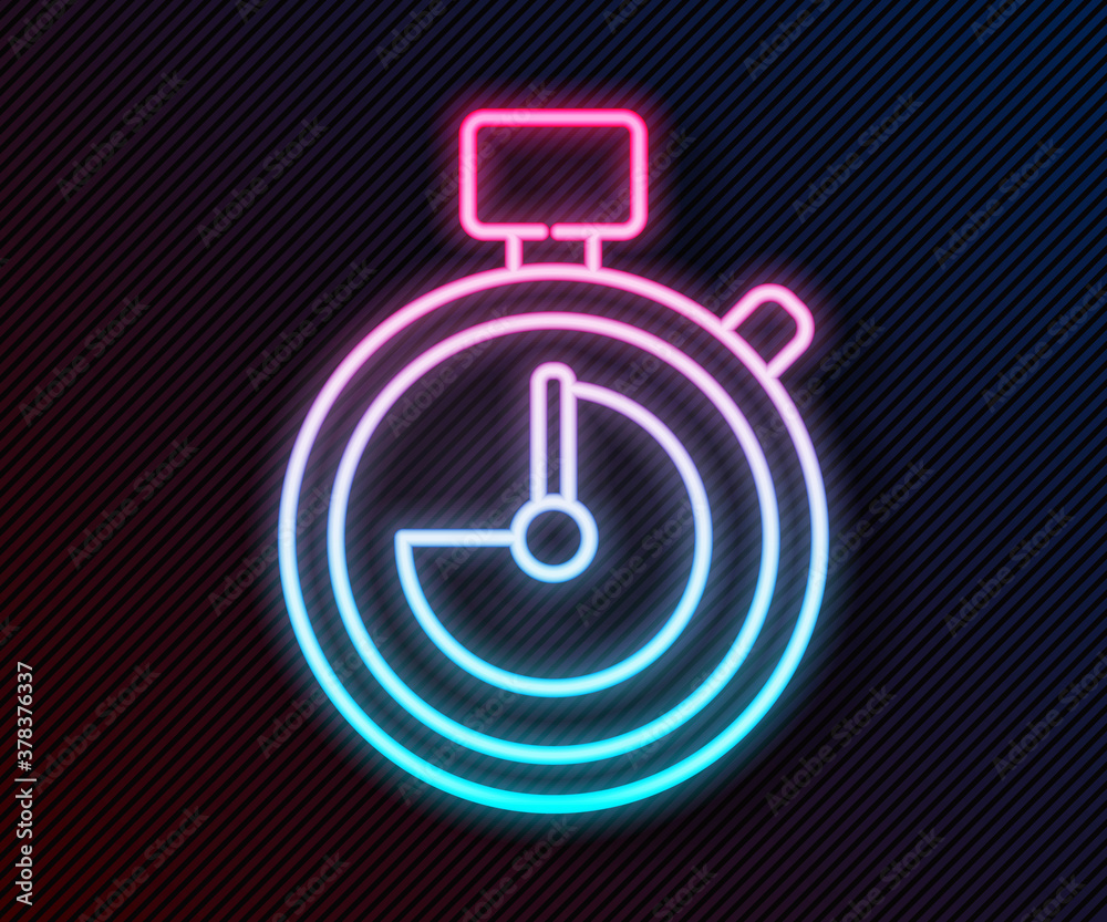 Glowing neon line Stopwatch icon isolated on black background. Time timer sign. Chronometer sign. Ve