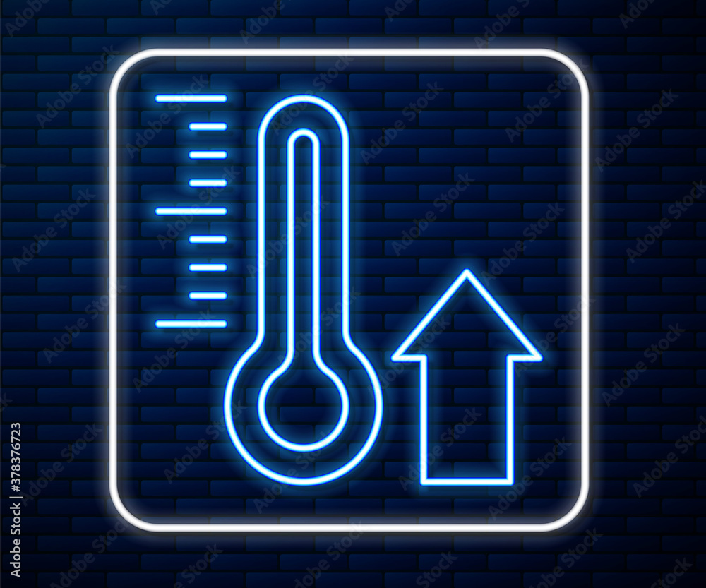 在砖墙背景上隔离的发光霓虹线气象温度计测量图标。温度计