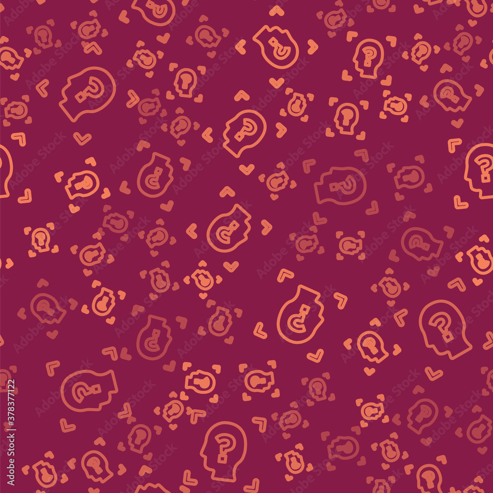 Brown line Face recognition icon isolated seamless pattern on red background. Face identification sc