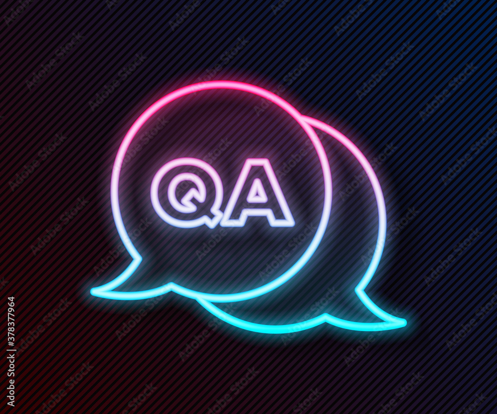 Glowing neon line Speech bubbles with Question and Answer icon isolated on black background. Q and A