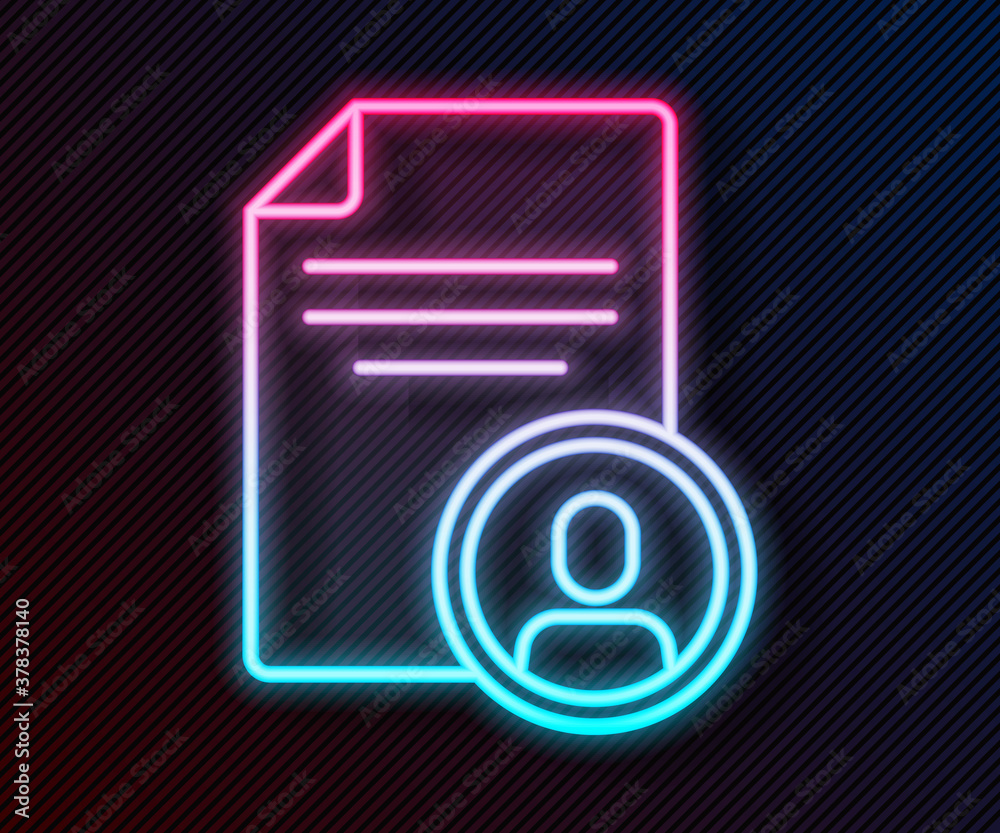 Glowing neon line Resume icon isolated on black background. CV application. Searching professional s