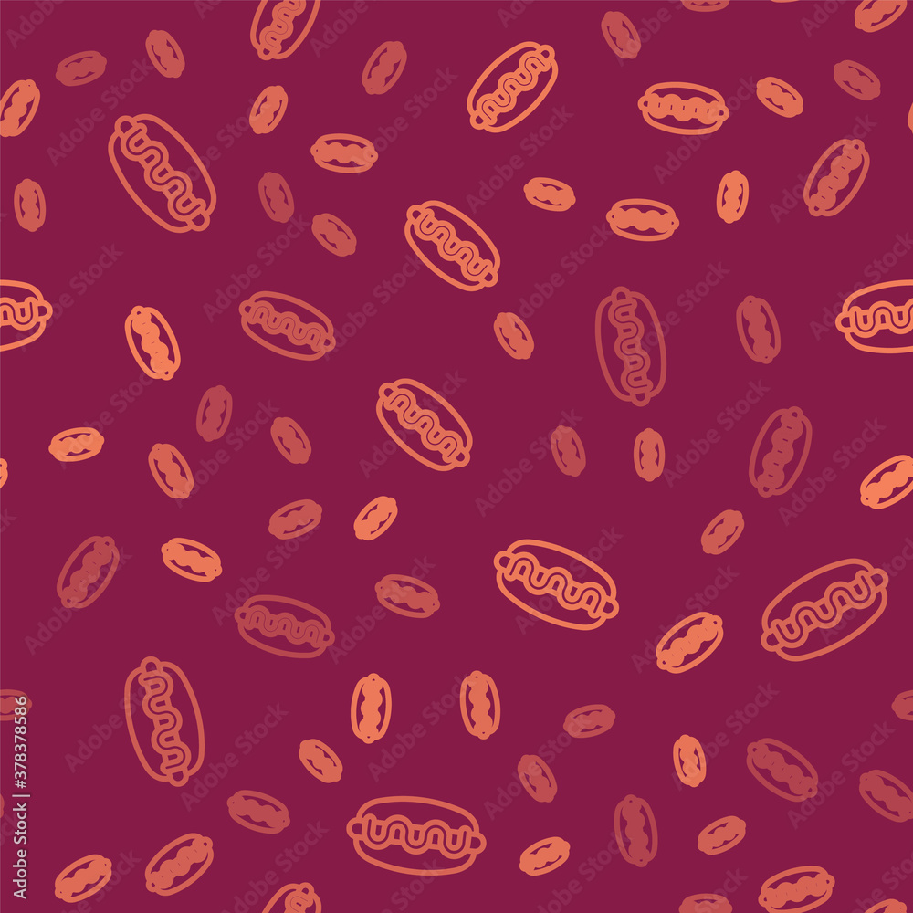 Brown line Hotdog sandwich icon isolated seamless pattern on red background. Sausage icon. Fast food