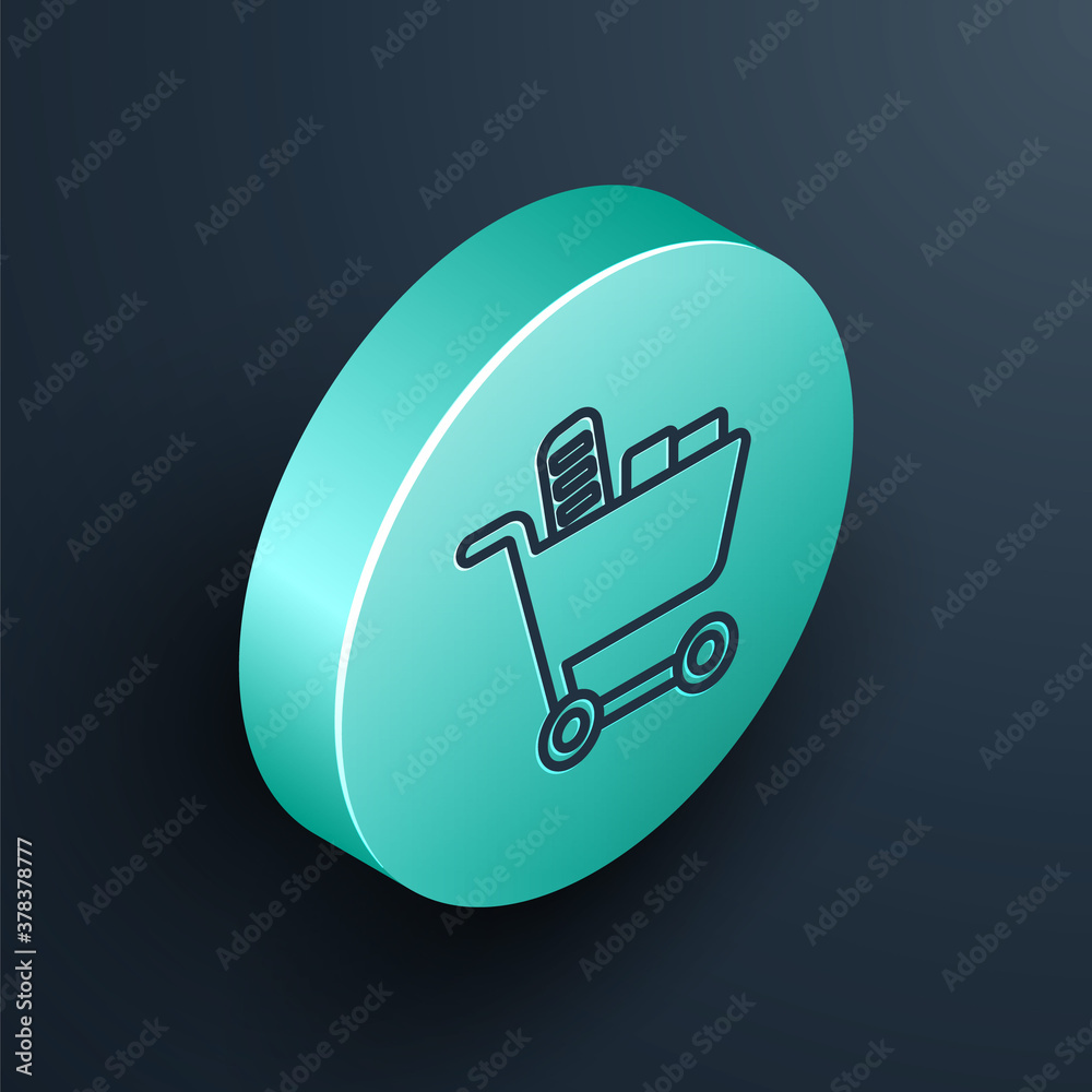 Isometric line Shopping cart and food icon isolated on black background. Food store, supermarket. Tu