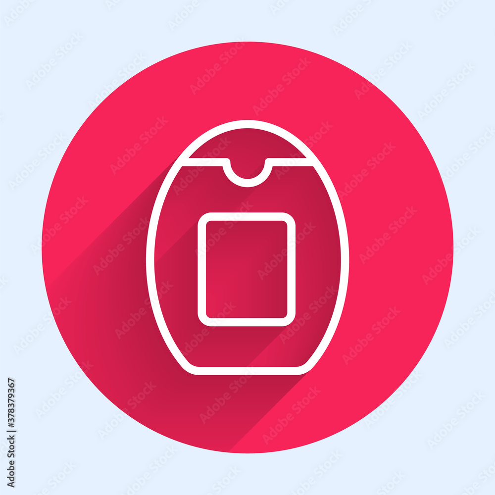 White line Bottle of shampoo icon isolated with long shadow. Red circle button. Vector.