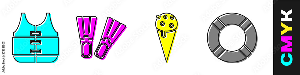 Set Life jacket, Rubber flippers, Ice cream in waffle cone and Lifebuoy icon. Vector.