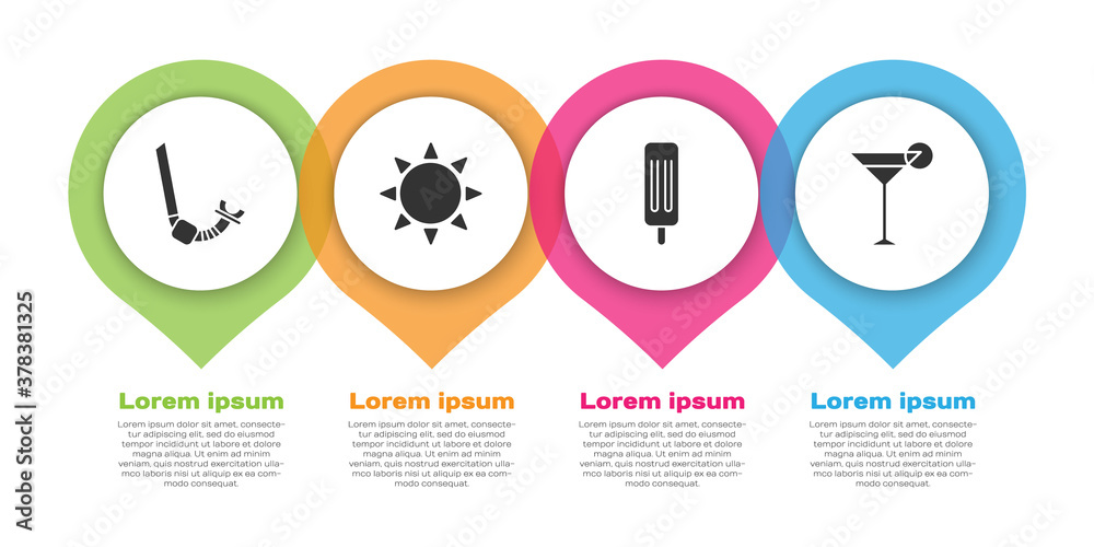 设置浮潜、阳光、冰淇淋和马提尼酒杯。商业信息图模板。矢量。