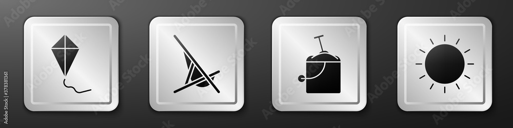 Set Kite, Sunbed, Sand in bucket with shovel and Sun icon. Silver square button. Vector.