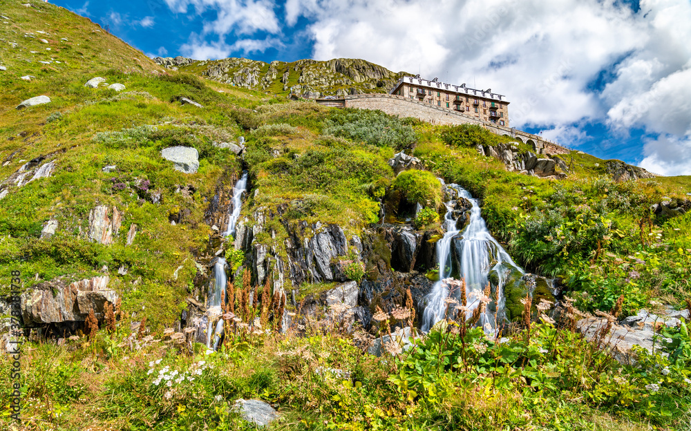 Waterfall at the Rhone Glacier at Furka Pass in Switzerland