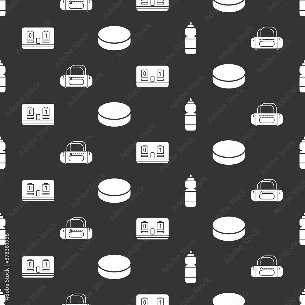 Set Fitness shaker, Sport bag, Hockey mechanical scoreboard and Hockey puck on seamless pattern. Vec