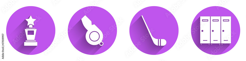 Set Award cup, Whistle, Ice hockey stick and Locker or changing room icon with long shadow. Vector.