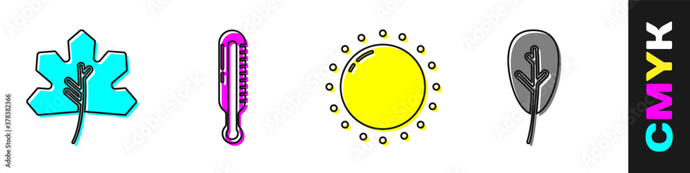 Set Leaf or leaves, Meteorology thermometer, Sun and Leaf or leaves icon. Vector.