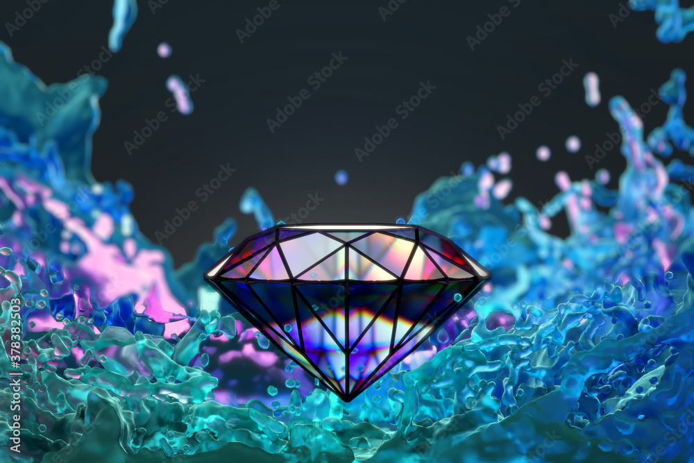 Abstract Colorful Diamond with Colorful Liquid Splash Soft Focus , 3D Rendering