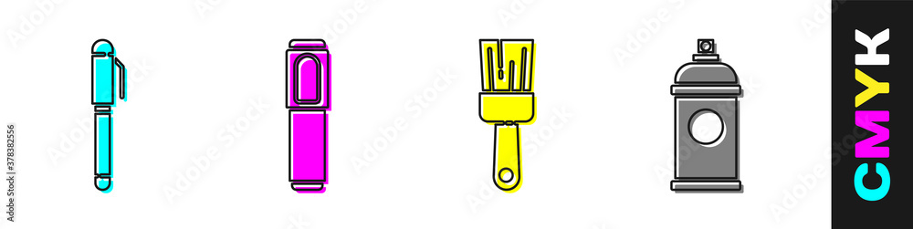 Set Pen, Marker pen, Paint brush and Paint spray can icon. Vector.