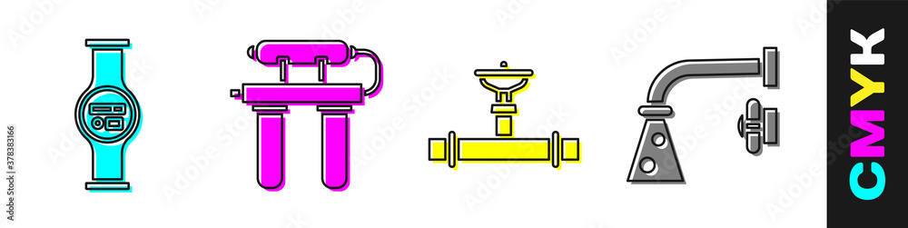 Set Water meter, Water filter, Industry pipe and valve and Water tap icon. Vector.