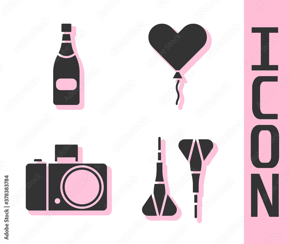 Set Dart arrow, Champagne bottle, Photo camera and Balloon in form of heart icon. Vector.