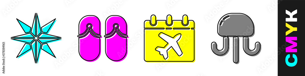 Set Wind rose, Flip flops, Calendar and airplane and Jellyfish icon. Vector.