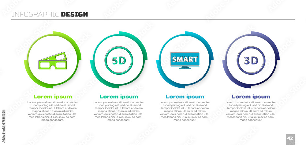 Set 3D cinema glasses, 5d virtual reality, Screen tv with Smart video and 3D word. Business infograp