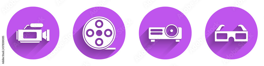 Set Cinema camera, Film reel, Movie, film, media projector and 3D cinema glasses icon with long shad