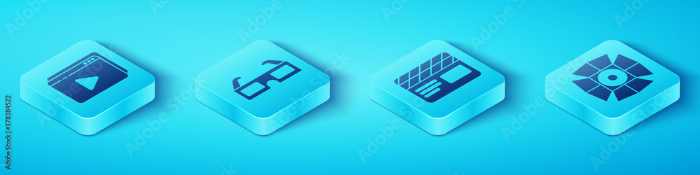 Set Isometric Online play video, 3D cinema glasses, Movie spotlight and Movie clapper icon. Vector.