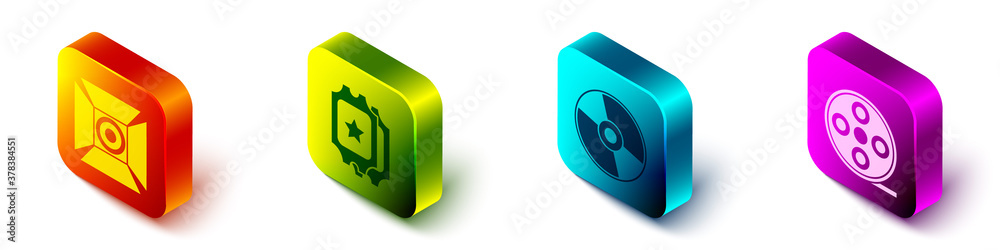 Set Isometric Movie spotlight, Cinema ticket, CD or DVD disk and Film reel icon. Vector.