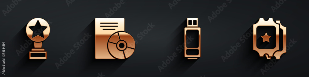 Set Movie trophy, CD or DVD disk, USB flash drive and Cinema ticket icon with long shadow. Vector.